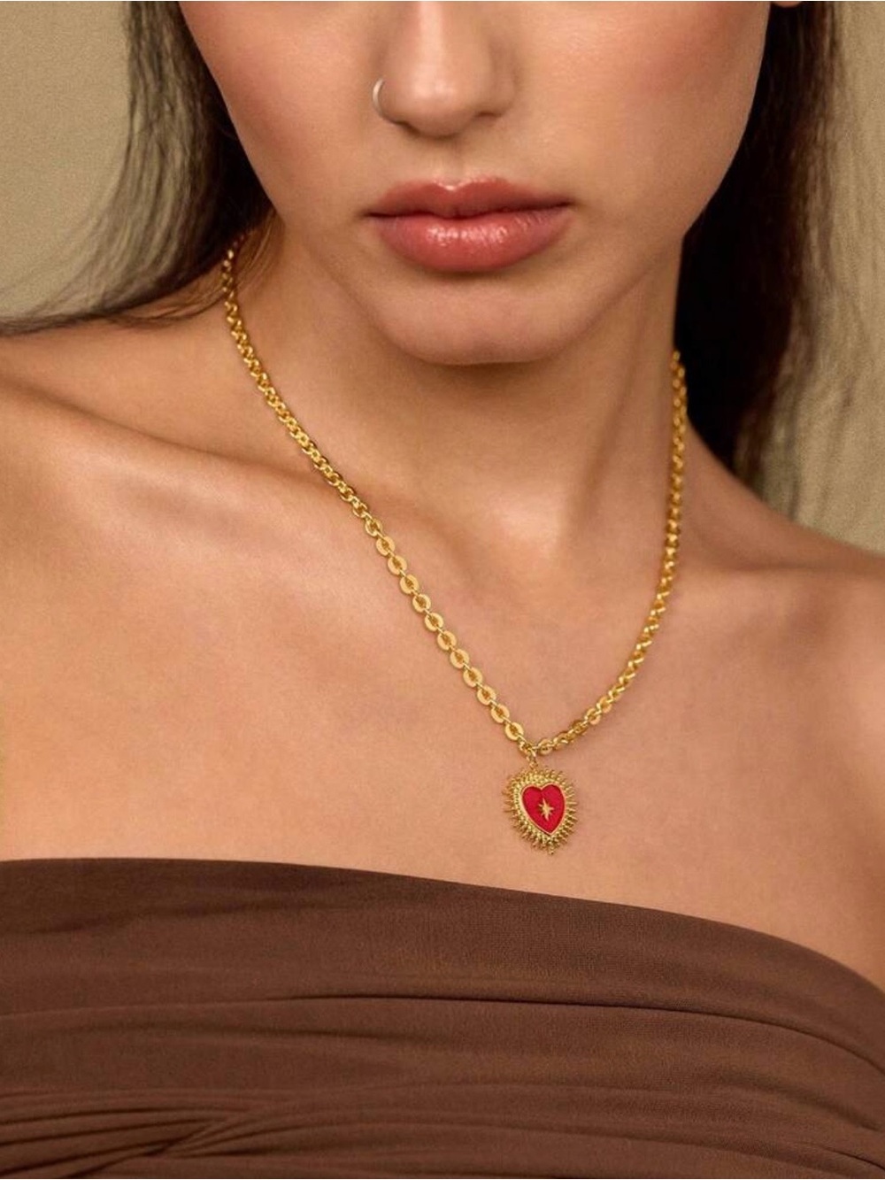 18K Gold Plated Heart Pendant Star Necklace with Red Enamel
